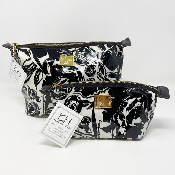 ANNA GRIFFIN | Set of 2 Black White Floral Cosmetic Bags Coated Cotton - Picture 1 of 16